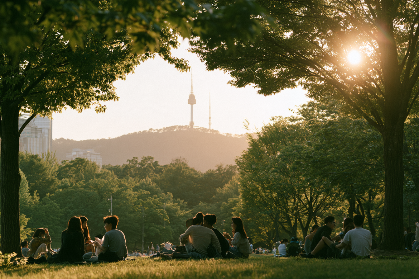 People sitting on the grass overlooking Namsan at sunset